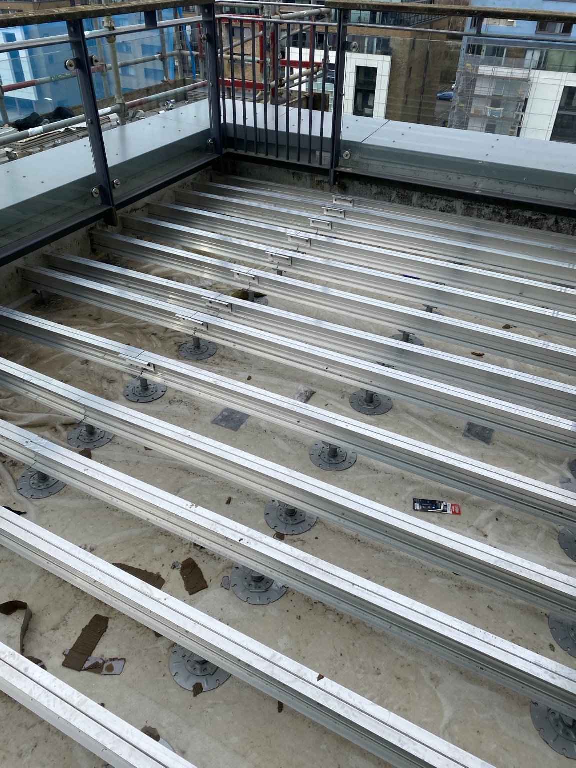 Aluminium decking substructure during installation